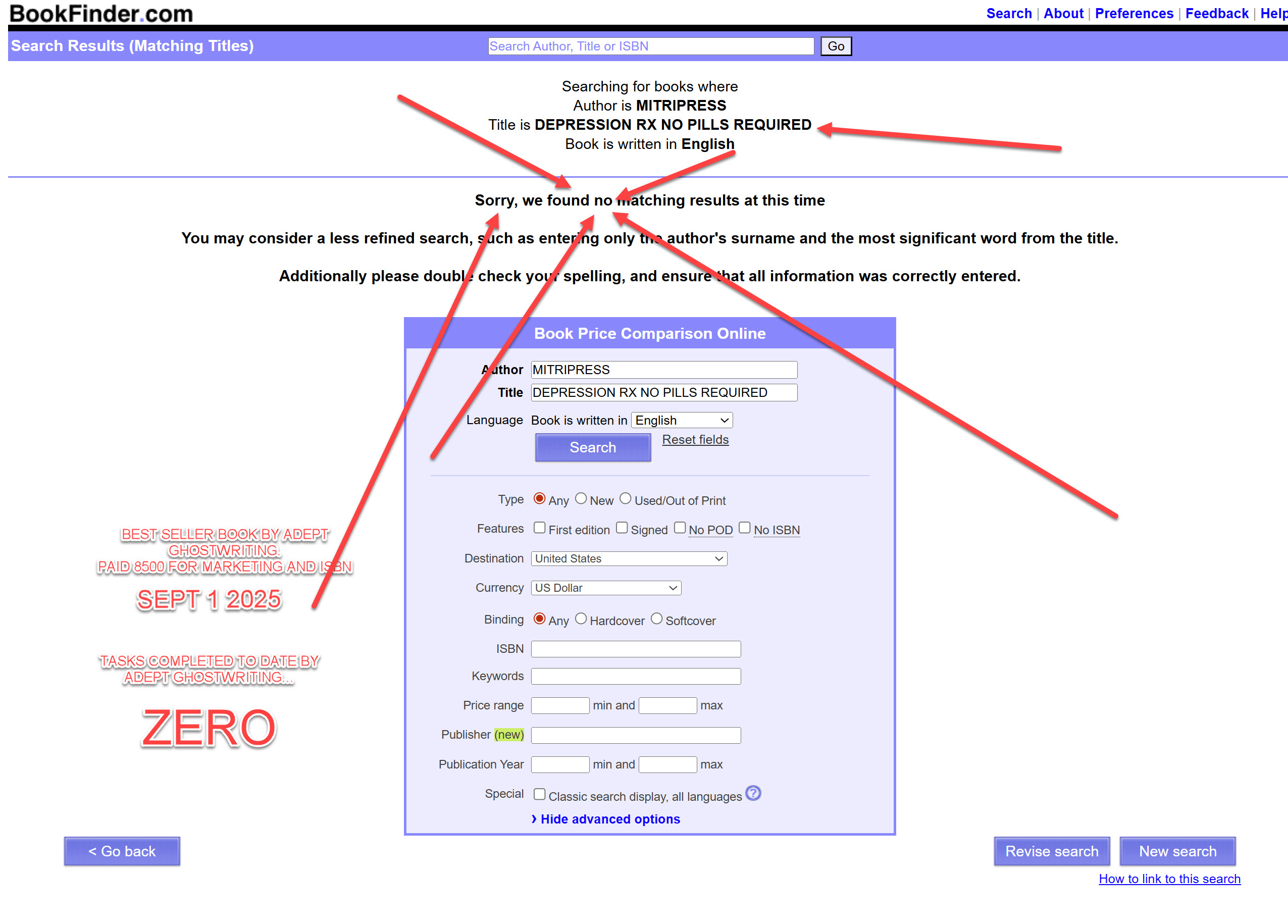 BookFinder search (Sep 1, 2025) — no results